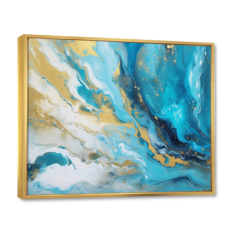 Impression sur toile turquoise et or infusé III, Cadre flottant doré, H 30 po x l 40 po x P 1,5 po