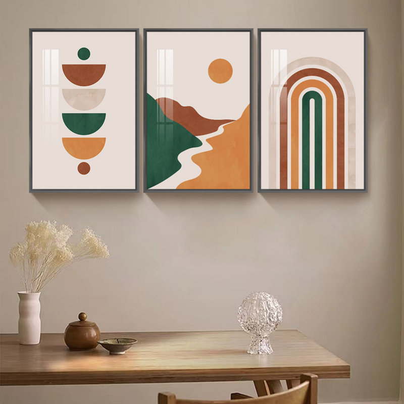 "Modern Geometric", impression sur toile encadrée 3 pièces pour salon, Cadre noir, H 17 po x l 37 po x P 4 po