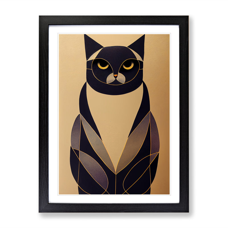 Cat Deco No.3 - Single Picture Frame Print, 46cm H x 34cm W x 2cm D, Black Framed
