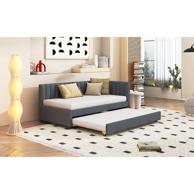 Lit de jour rembourré en lin avec couchette, lit gigogne confortable en tissu, structure, aucun sommier requis, Gris
