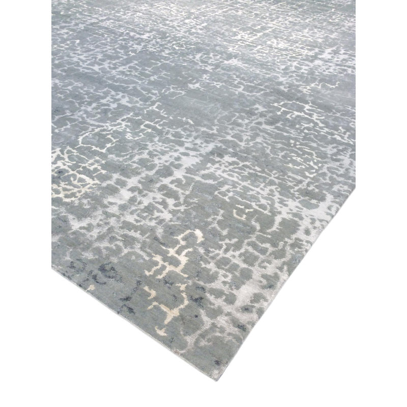 Abstract Hand-Knotted Wool/Silk Gray/White Area Rug, Rectangle 2' x 3'