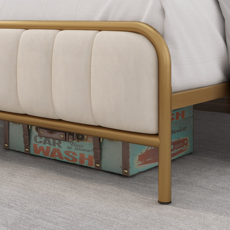 Upholstered Platform Bed with Velvet Headboard, White, Twin