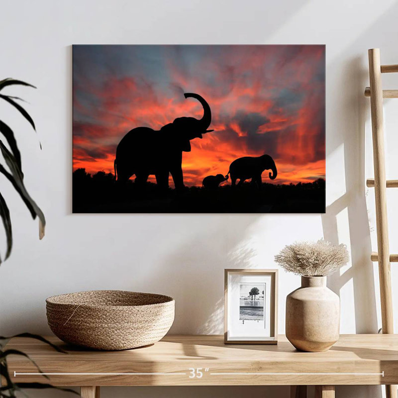 Silhouette d'éléphant au coucher du soleil, H 16 po x l 24 po