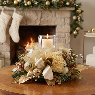 Holiday Candleholder Centerpiece with Hydrangeas, Ornaments and Bows