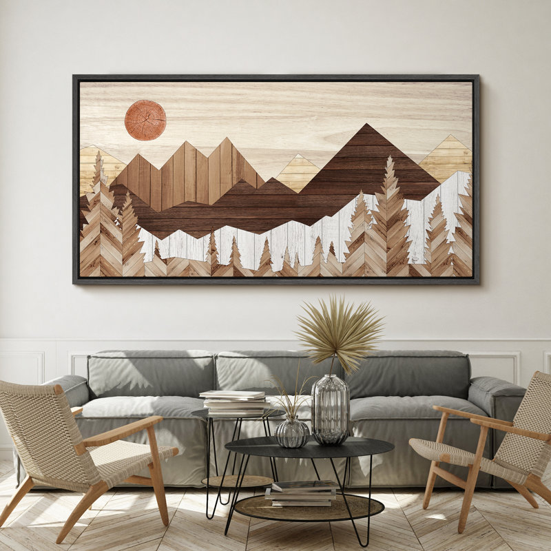 «Western Wood Effect Landscape Rustic Peaks Sunrise Over The Mountains», reproduction d'art sur toile, H 30 po x l 60 po
