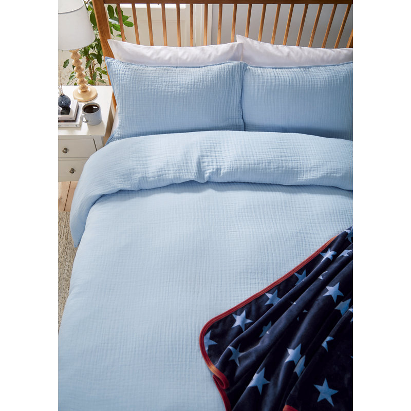 Muslin Cotton Duvet Cover Set, Super King Duvet Cover + 2 Standard Pillowcases, Blue