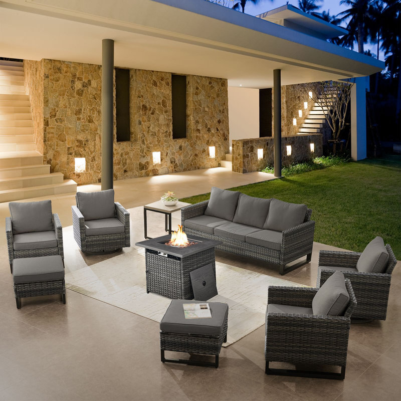 Naresa 9-Piece Outdoor Wicker Furniture Set  3-Seat Sofa & Fire Pit For Cozy Backyard Gatherings, Gray