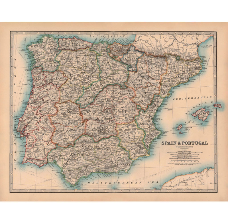 Carte Johnstons de l'Espagne et du Portugal, H 19 po x l 24 po
