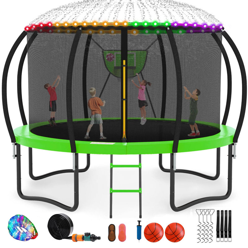 Trampoline ronde GVDV de 3,66 m (12 pi) avec filet de sécurité, panier de basketball, arroseur et lumières DEL pour les jeux extérieurs des enfants.