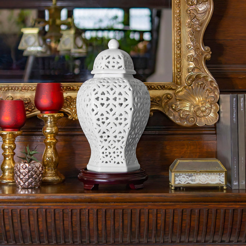 15" Antique White Carved Temple Jar