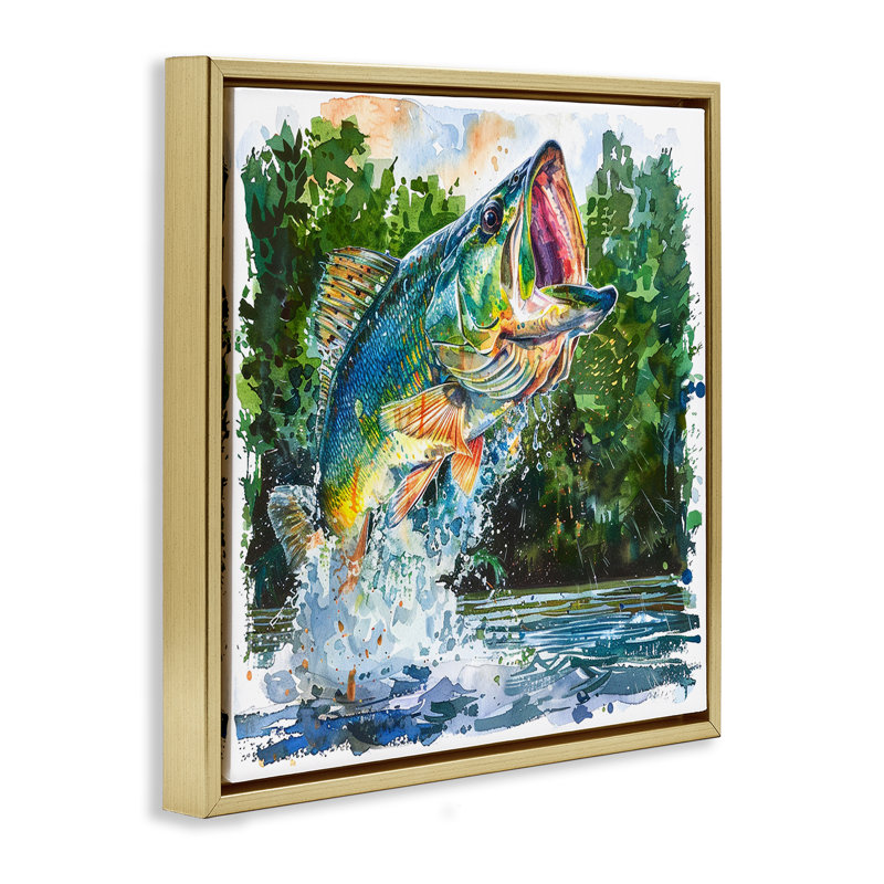  "Splashing Bass Fish", art mural encadré par LSR Design Studio, H 25 po x l 25 po, Cadre flottant métallique doré