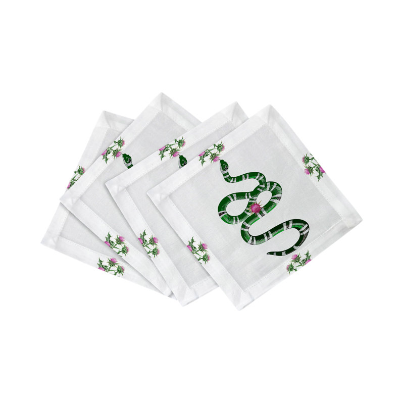 Thistle And Snake Cotton Sateen Cocktail Napkins, Pink White