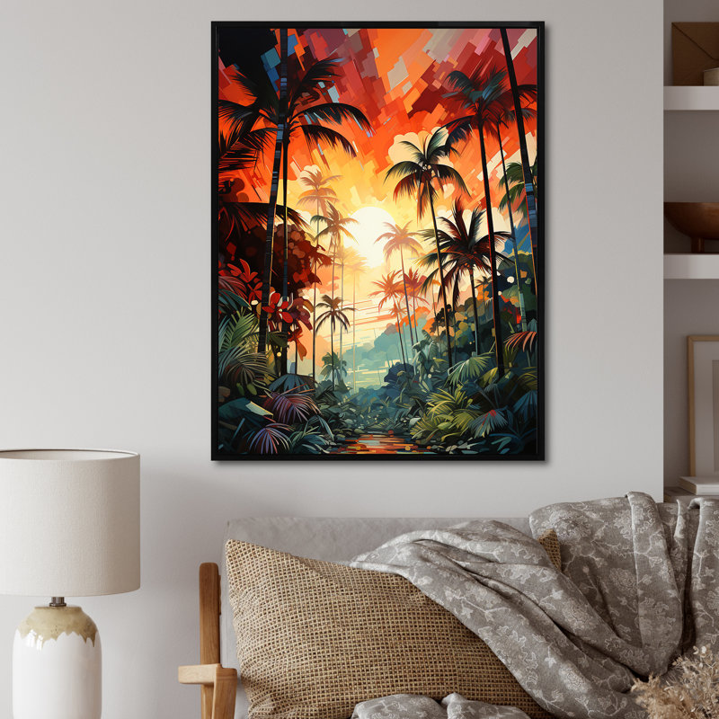 Coucher de soleil sur un palmier orange coloré I - impressions murales florales, H 44 po x l 34 po x P 1,5 po