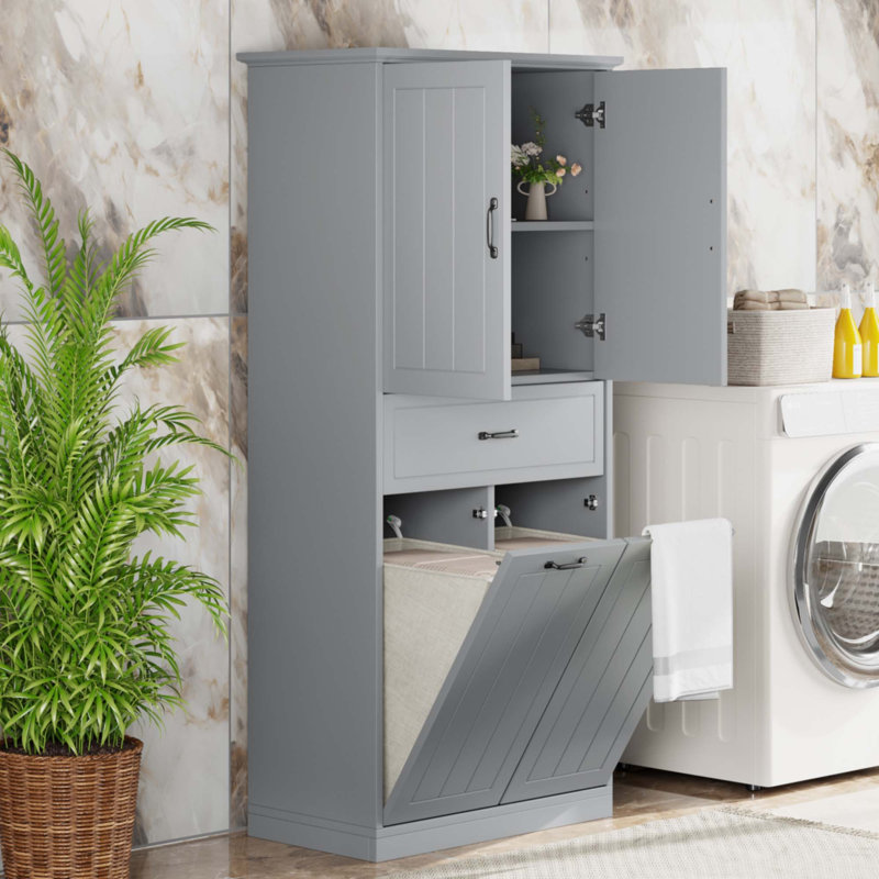 Bathroom Storage Cabinet With Two Laundry Baskets, Storage Cabinet With Doors And Drawer For Home, Grey, Gray