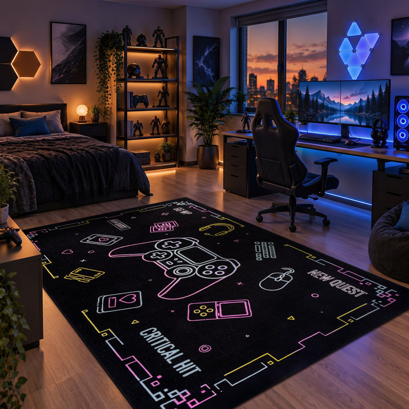 Tapis de jeu Neon Arcade, noir, envers antidérapant, 5' x 7'