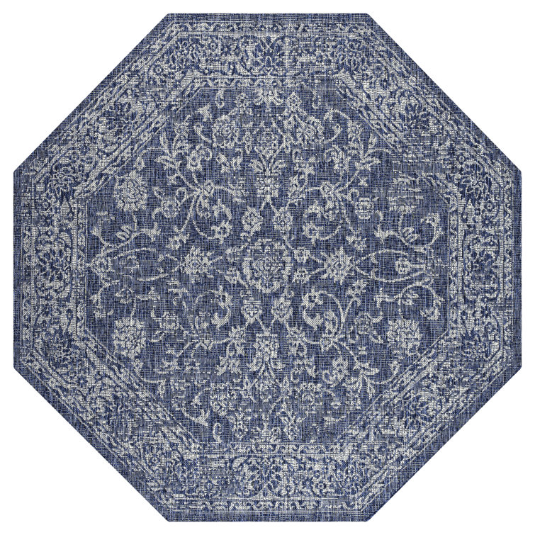 Leonora Bohemian Textured Weave Floral Navy/Gray Indoor/Outdoor Rug
