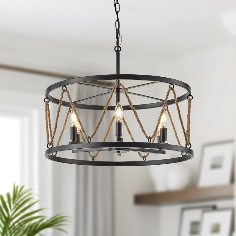 6-Light Dimmable Farmhouse Drum Chandelier With Hemp Rope Shade, Matte Black