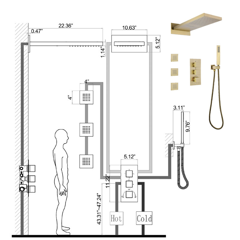 All-In-One Kit with Rough in-Valve, Brushed Gold