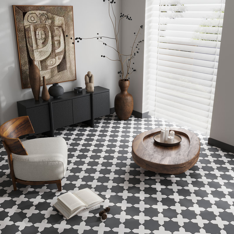 Carreau de porcelaine et de sol Seville 7 graphite noir 7 étoiles gris clair avec 5 croix en porcelaine matte (paquet de 10,62 pieds carrés / caisse)