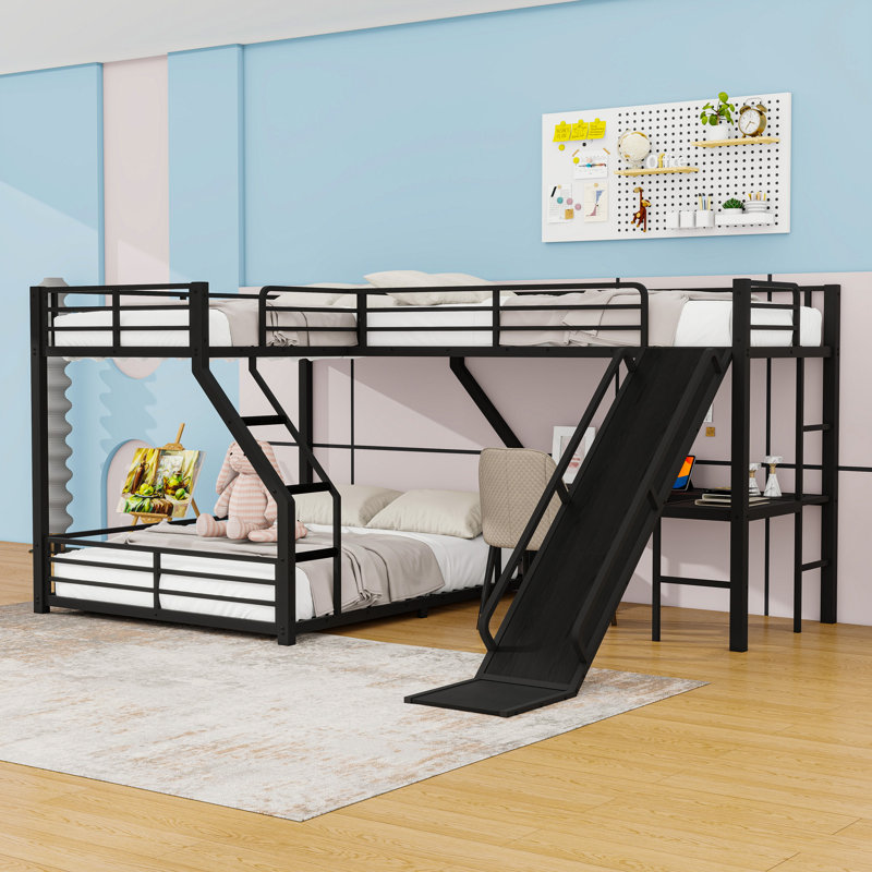 Triple L-Shape Bunk Bed With Slide And Desk,USB Ports, Twin XL over Queen;Twin