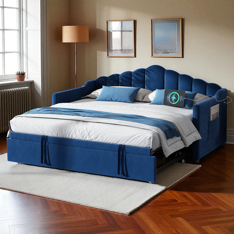 Upholstered Daybed With Trundle, Blue
