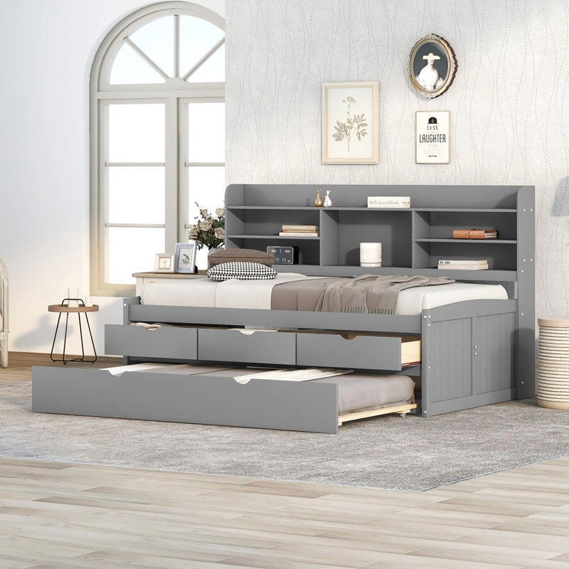 Twin Size Wooden Captain Bed With Built-In Bookshelves,Three Storage Drawers And Trundle,Light Grey