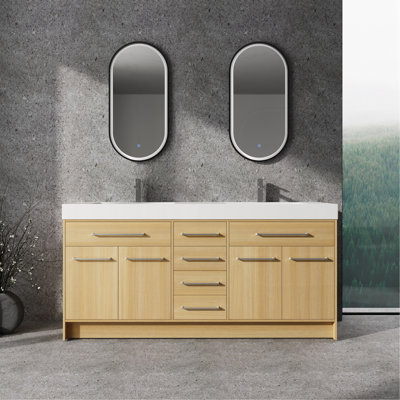 72" Freestanding Bathroom Vanity With Double Resin Sink, 4-Soft Closing Door & 6-Soft Closing Drawer, Original Oak, Plywood