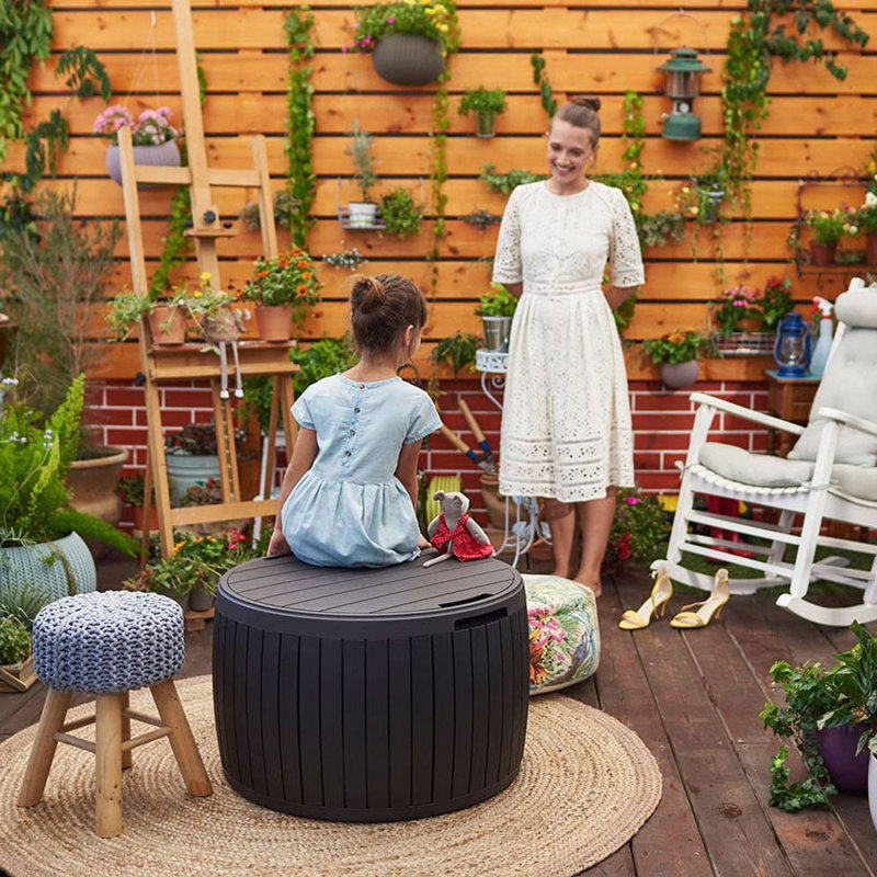 Brown Circular Resin Patio Deck Storage Box with Wood Texture