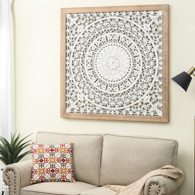 Handmade Wooden Medallion Wall Art - Carved Boho Floral Hanging Decoration