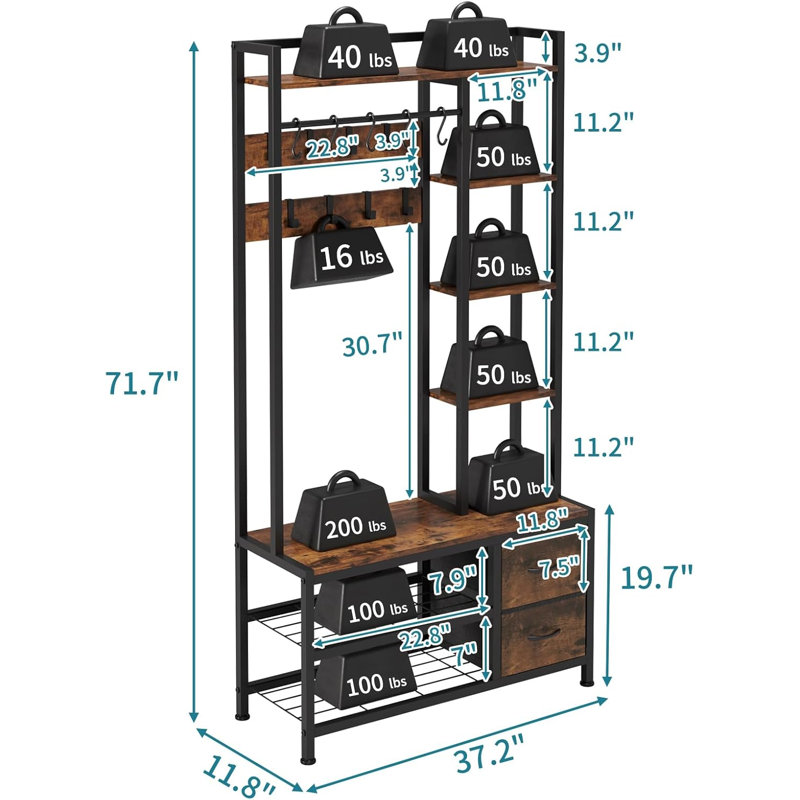 Hall Tree with Bench Storage and Shoes Storage, Hall Tree with Drawers and Shelves for Bedroom