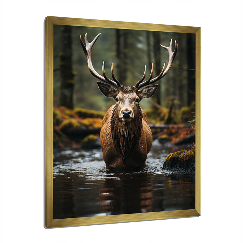 «Yer Brown Green Moose Portrait Vibrant», reproduction sur toile, H 20 po x l 12 po x P 1 po, Encadrement doré