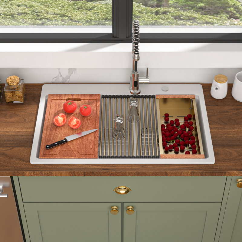 Quartz 33"L x 22"W Quartz Workstation Kitchen Sink Drop In Double Bowl Granite Composite Kitchen Sink with Cutting Board,Roll-up Rack