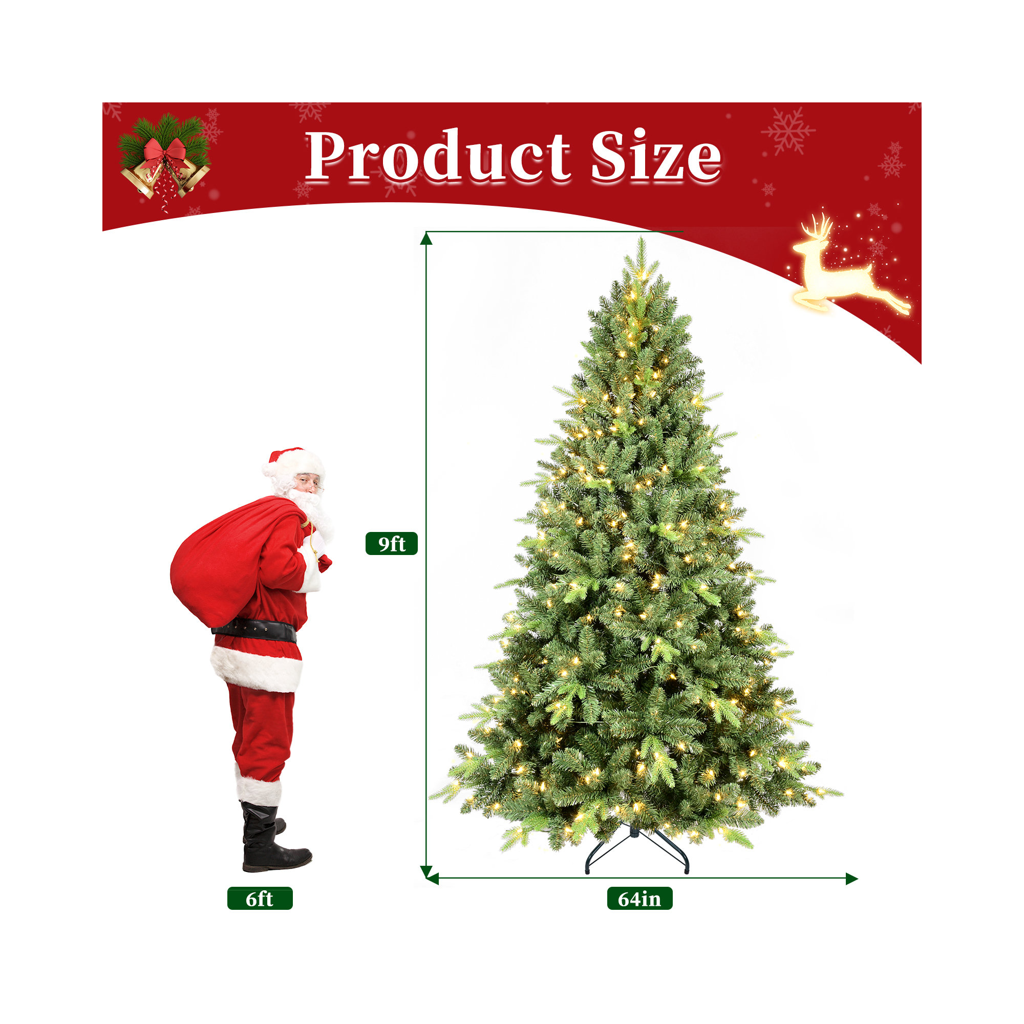 Pre-Lit Spruce Christmas Tree, Always Ready to Glow - Features Hinged PE/PVC Branches and a Foldable, 9ft H