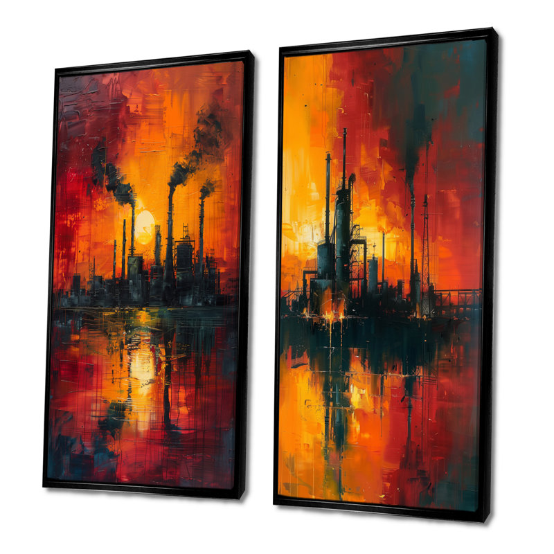 Ensemble de 2 pièces d'art industriel rouge Polution I - usines, H 28 po x l 24 po, Noir, noir, noir, noir