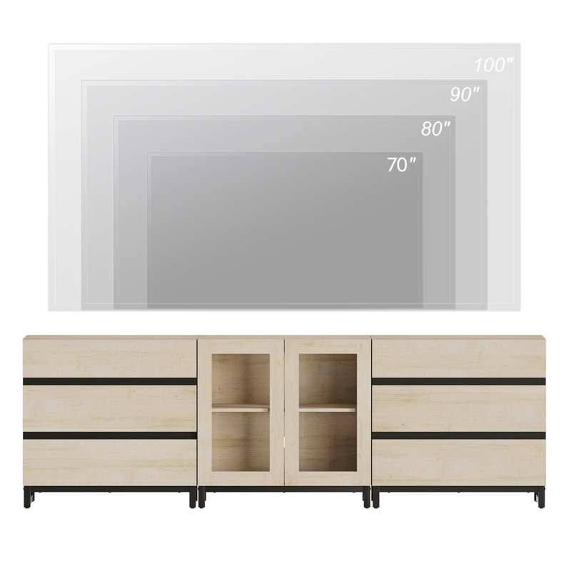 3 In 1 TV Stand For Tvs Up To 100 Inch, Modern TV Console With Glass Doors And 6 Drawers, Entertainment Center With Adjustable Shelf For Living Room, Bedroom