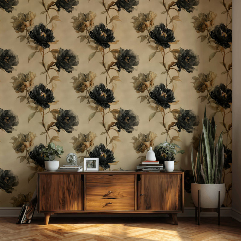 Papier peint floral noir avec pivoines noires, adhésif mural beige