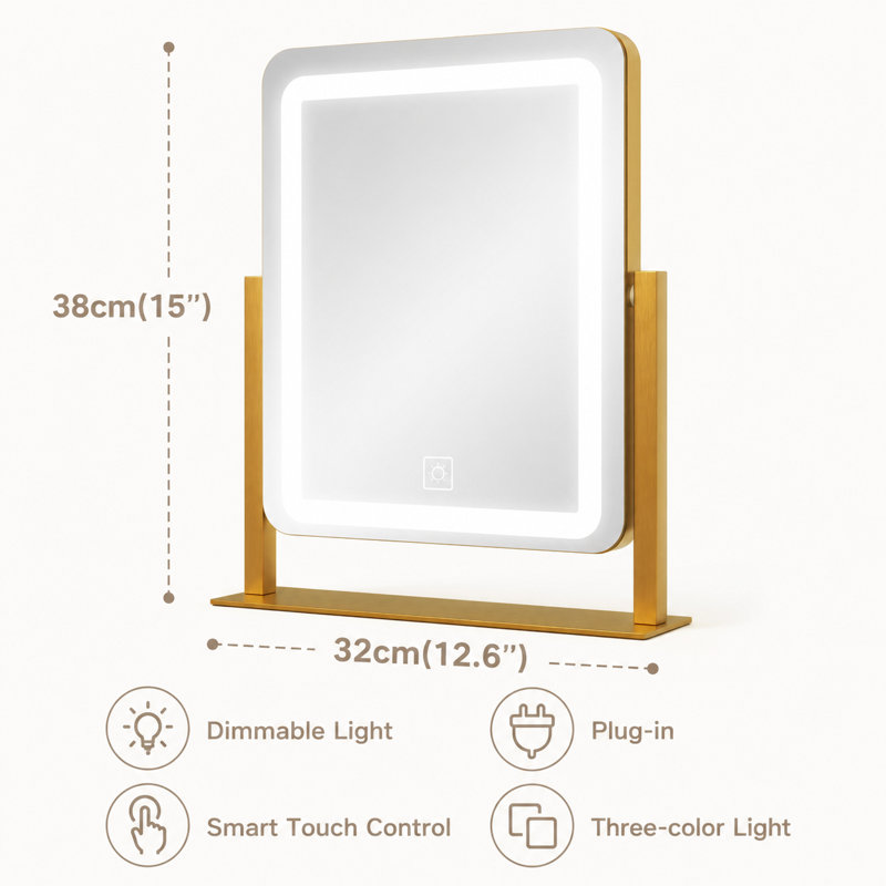 Rectangle LED Makeup Mirror, Vanity Mirror with Lights, Smart Touch Control, 3 Color Dimmable, Lighted Desk Mirror with 10X Magnification