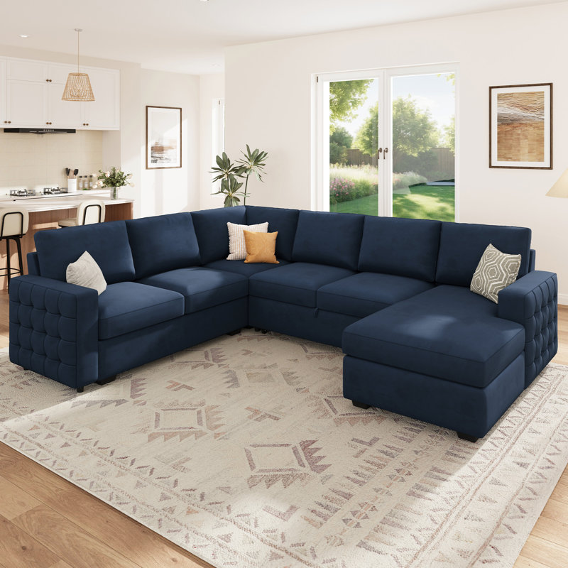 Hildur U-Shaped Sectional Sofa Bed Pull Out Sleeper Couch With Storage Chaise, Blue Velvet