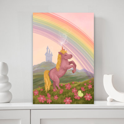 «Pink Unicorn», château arc-en-ciel coloré, rêve, mystique, papillon, fleur, paysage, art mural