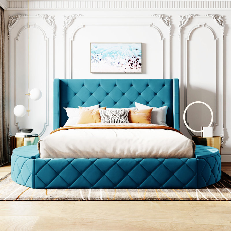 Upholstered Platform Bed  Storage Velvet Bed With Wingback Headboard And 1 Big Drawer, Blue