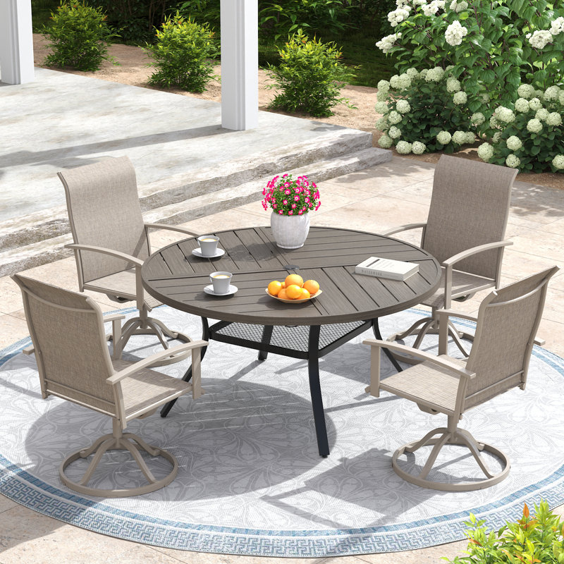4-Person Patio Swivel Dining Set with 40.6" Round Dining Table and 4 Swivel Dining Chairs, Sandshell/Brush Wood Gray