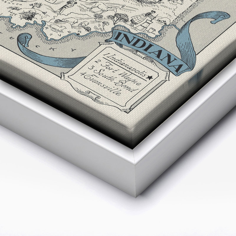 Carte illustrée de l'Indiana, Canvas, 24"H x 32"W, White Framed
