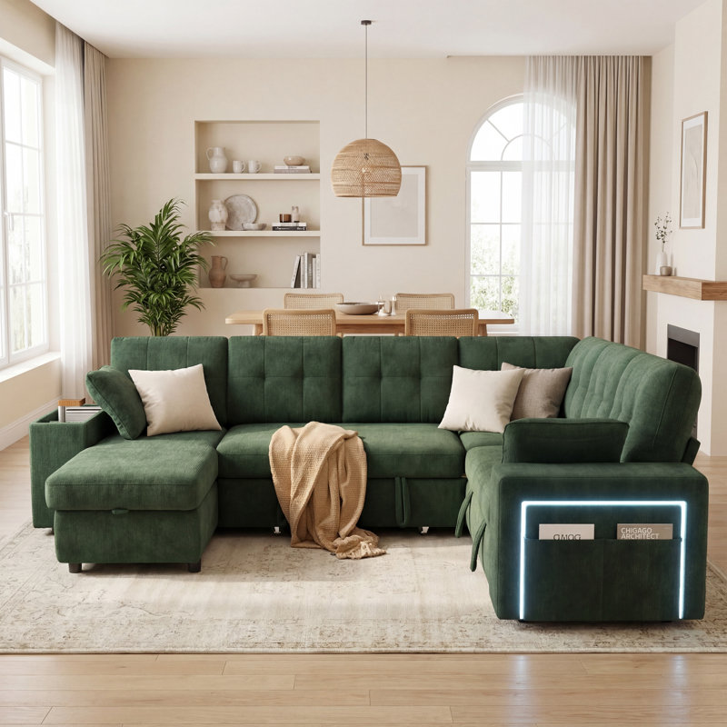 7-Seater Large Sectional Sofa Bed With Storage Ottoman & Lovescat, Chenille Modular Sleeper Sofa Set With 2 Pillows, 112" U-Shaped Convertible Couch For Living Room