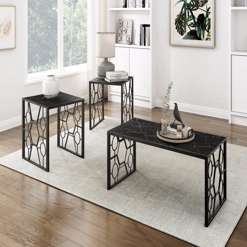 Ensemble de 3 tables d'appoint 3 pièces tables de bout noires avec plateau en verre trempé à imprimé marbre