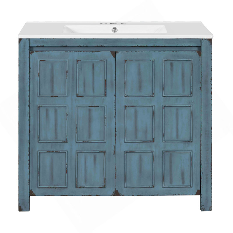Organisateur de meuble-lavabo 36 po avec lavabo en céramique, ensemble d'armoire de rangement, bleu rétro, Bleu rétro
