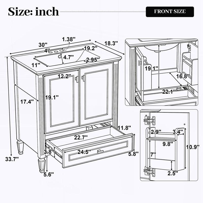 Meuble-lavabo autoportant avec 1 tiroir et 2 portes à fermeture douce avec rangement pour porte, White