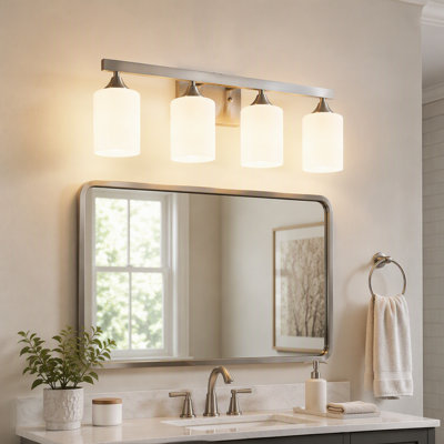 4 Light Brushed Nickel Bathroom Vanity Wall Light Metal Frame with Milky White Glass Shades Reversible Up Down Mount Modern Transitional Wall Sconce for Bathroom Bedroom Entryway