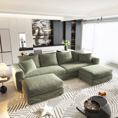 102.4 "Plush Corduroy 4-Seat Sofa,Modern Comfy Upholstered Sofa Cloud Couch,Deep Seat Couches With Soft Pillows And Movable Ottoman,Convertible Sofa Lounge Chair,For Living Room,Apartment,Office