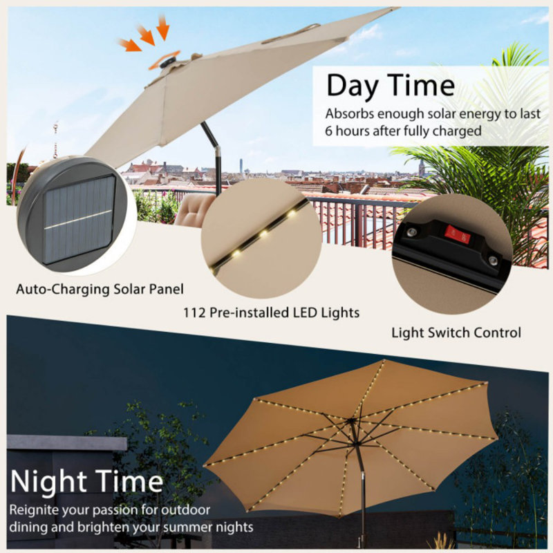10ft Beige Solar LED Lighted Patio Umbrella with Crank Tilt