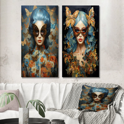 «Gold and Blue Butterfly Glamour Woman Portrait I», ensemble de 2 reproductions d'art sur toile
